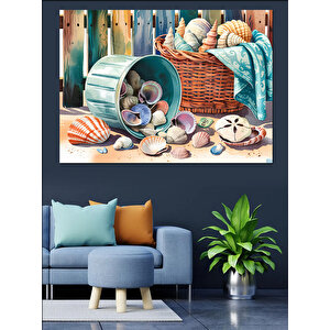 Deniz Kabukları Sepeti Dekoratif Kanvas - Mdf Ahşap Tablo 70x100 cm
