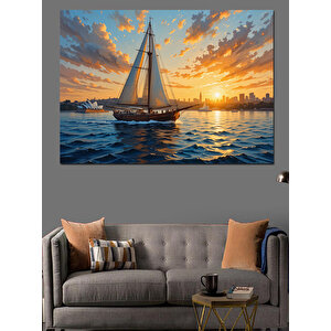 Günbatımında Yelkenli Deniz Manzarası Dekoratif Kanvas - Mdf Ahşap Tablo 70x100 cm