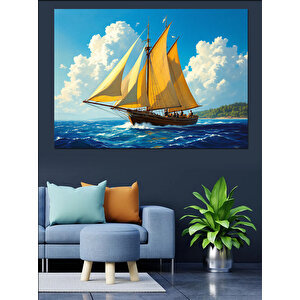 Yelkenli Mavi Deniz Dekoratif Kanvas - Mdf Ahşap Tablo 35x50 cm