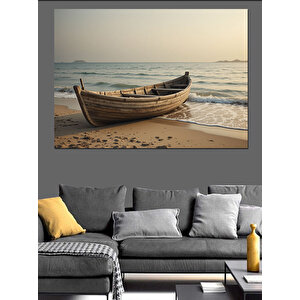 Sahilde Yalnız Kayık Dekoratif Kanvas - Mdf Ahşap Tablo