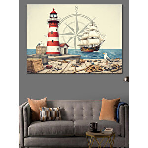 Deniz Feneri Ve Direksiyon Dekoratif Kanvas - Mdf Ahşap Tablo 50x70 cm