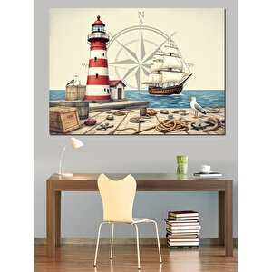 Deniz Feneri Ve Direksiyon Dekoratif Kanvas - Mdf Ahşap Tablo 50x70 cm