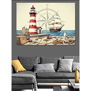 Deniz Feneri Ve Direksiyon Dekoratif Kanvas - Mdf Ahşap Tablo 50x70 cm