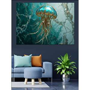 Zümrüt Renkli Denizanası İllüstrasyonu Dekoratif Kanvas - Mdf Ahşap Tablo 100x140 cm