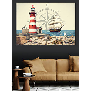 Deniz Feneri Ve Direksiyon Dekoratif Kanvas - Mdf Ahşap Tablo