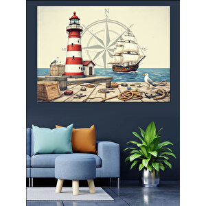 Deniz Feneri Ve Direksiyon Dekoratif Kanvas - Mdf Ahşap Tablo