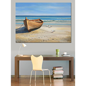 Sahilde Ahşap Kayık Dekoratif Kanvas - Mdf Ahşap Tablo 100x140 cm