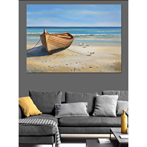 Sahilde Ahşap Kayık Dekoratif Kanvas - Mdf Ahşap Tablo 100x140 cm