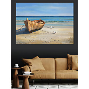 Sahilde Ahşap Kayık Dekoratif Kanvas - Mdf Ahşap Tablo 100x140 cm