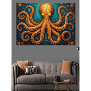 Turuncu Ahtapot Detaylı Çizim Dekoratif Kanvas - Mdf Ahşap Tablo