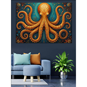 Turuncu Ahtapot Detaylı Çizim Dekoratif Kanvas - Mdf Ahşap Tablo