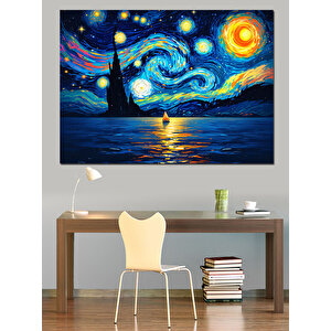 Yıldızlı Gece Ve Yelkenli Dekoratif Kanvas - Mdf Ahşap Tablo 100x140 cm