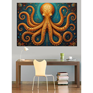 Turuncu Ahtapot Detaylı Çizim Dekoratif Kanvas - Mdf Ahşap Tablo 100x140 cm