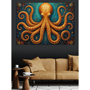 Turuncu Ahtapot Detaylı Çizim Dekoratif Kanvas - Mdf Ahşap Tablo 100x140 cm