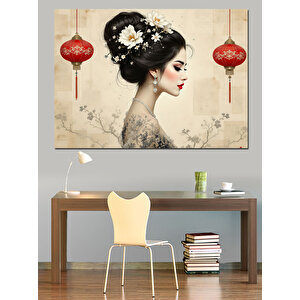 Kırmızı Fenerli Japon Kadın Dekoratif Kanvas - Mdf Ahşap Tablo 70x100 cm