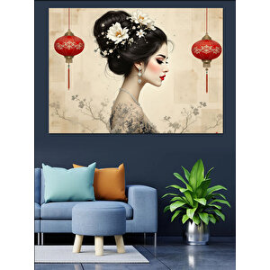 Kırmızı Fenerli Japon Kadın Dekoratif Kanvas - Mdf Ahşap Tablo