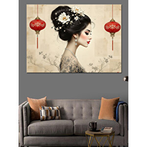 Kırmızı Fenerli Japon Kadın Dekoratif Kanvas - Mdf Ahşap Tablo