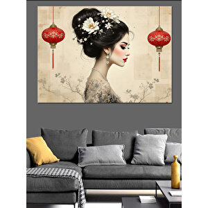 Kırmızı Fenerli Japon Kadın Dekoratif Kanvas - Mdf Ahşap Tablo 35x50 cm