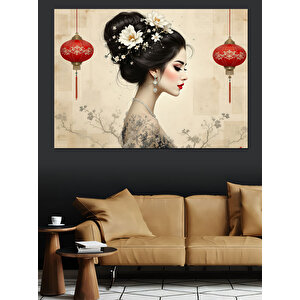 Kırmızı Fenerli Japon Kadın Dekoratif Kanvas - Mdf Ahşap Tablo 35x50 cm