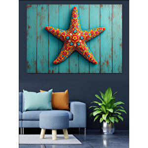 Mavi Ahşap Üzerinde Deniz Yıldızı Dekoratif Kanvas - Mdf Ahşap Tablo 35x50 cm