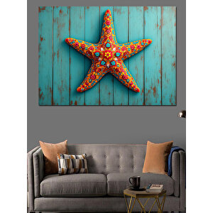 Mavi Ahşap Üzerinde Deniz Yıldızı Dekoratif Kanvas - Mdf Ahşap Tablo