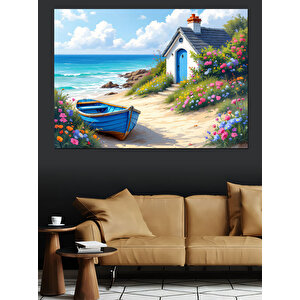 Sahilde Küçük Mavi Kulübe Dekoratif Kanvas - Mdf Ahşap Tablo 25x35 cm