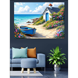 Sahilde Küçük Mavi Kulübe Dekoratif Kanvas - Mdf Ahşap Tablo 25x35 cm