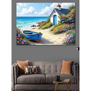 Sahilde Küçük Mavi Kulübe Dekoratif Kanvas - Mdf Ahşap Tablo