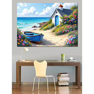 Sahilde Küçük Mavi Kulübe Dekoratif Kanvas - Mdf Ahşap Tablo