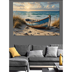 Deniz Kenarında Yalnız Kayık Dekoratif Kanvas - Mdf Ahşap Tablo 100x140 cm