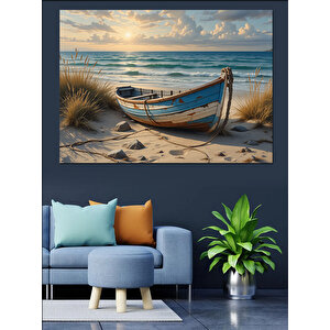 Deniz Kenarında Yalnız Kayık Dekoratif Kanvas - Mdf Ahşap Tablo 100x140 cm
