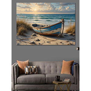 Deniz Kenarında Yalnız Kayık Dekoratif Kanvas - Mdf Ahşap Tablo