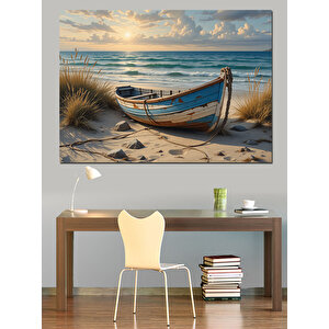 Deniz Kenarında Yalnız Kayık Dekoratif Kanvas - Mdf Ahşap Tablo