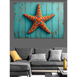 Mavi Ahşap Üzerinde Deniz Yıldızı Dekoratif Kanvas - Mdf Ahşap Tablo 100x140 cm
