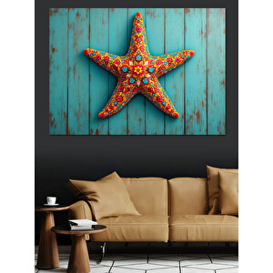 Mavi Ahşap Üzerinde Deniz Yıldızı Dekoratif Kanvas - Mdf Ahşap Tablo 25x35 cm