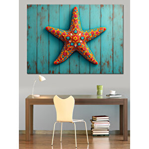 Mavi Ahşap Üzerinde Deniz Yıldızı Dekoratif Kanvas - Mdf Ahşap Tablo