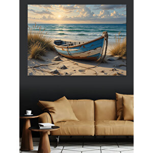 Deniz Kenarında Yalnız Kayık Dekoratif Kanvas - Mdf Ahşap Tablo 70x100 cm