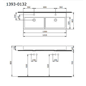 Milano Tezgah Üstü Çift Gözlü Lavabo 120 Cm Beyaz 1393-001-0132