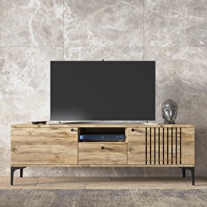 Elit Tv 150 Cm Çıta Kapaklı Metal Ayaklı Tv Ünitesi - Atlantik Çam / Siyah