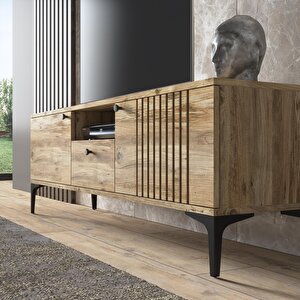 Elit Tv 150 Cm Çıta Kapaklı Metal Ayaklı Tv Ünitesi - Atlantik Çam / Siyah