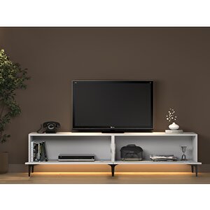 Napoli 200 Cm Led Işıklı Geniş Dolaplı Minifiksli Tv Ünitesi - Tv Sehpası - Beyaz