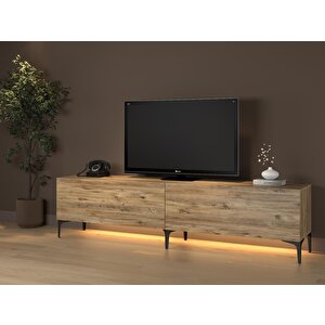 Napoli 200 Cm Led Işıklı Geniş Dolaplı Minifiksli  Tv Ünitesi - Tv Sehpası - Atlantik Çam