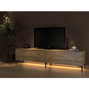 Napoli 200 Cm Led Işıklı Geniş Dolaplı Minifiksli  Tv Ünitesi - Tv Sehpası - Atlantik Çam
