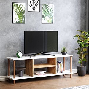 Tv Sehpası Raflı Tv Ünitesi Televizyon Sehpası Ahşap Ayaklı Tvshp Çam-beyaz