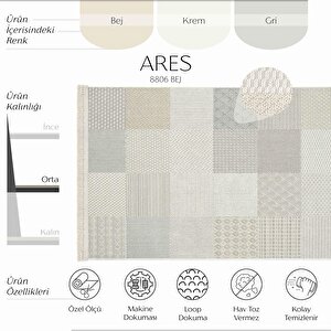 Ares 8806 Bej Halı Salon Halısı Patchwork Halı Koridor Halısı Kesme Halı Yolluk Oturma Odası Halısı 200x290 cm