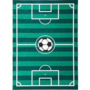 Futbol Sahası Temalı Çocuk Bebek Genç Odası Eğitici Oyun Kaymaz Taban Yıkanabilir Yeşil Beyaz Halı 140x200 cm