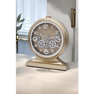 Efe Mark Premium Serisi Modern Kadranlı Döner Çarklı 32x28 Cm Ev Ve Ofis Masa Ve Duvar Saati Rakamlı Simli Gold