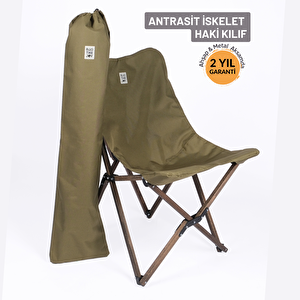 Ahşap Katlanır Kamp & Bahçe Sandalyesi – Antrasit Iskelet - Haki Kılıf