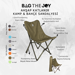 Bag The Joy Ahşap Katlanır Kamp & Bahçe Sandalyesi – Antrasit Iskelet - Haki Kılıf