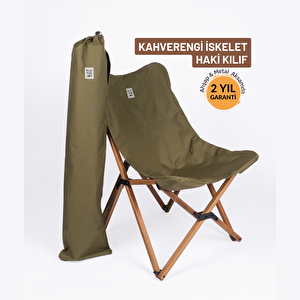 Ahşap Katlanır Kamp & Bahçe Sandalyesi – Kahverengi Iskelet - Haki Kılıf